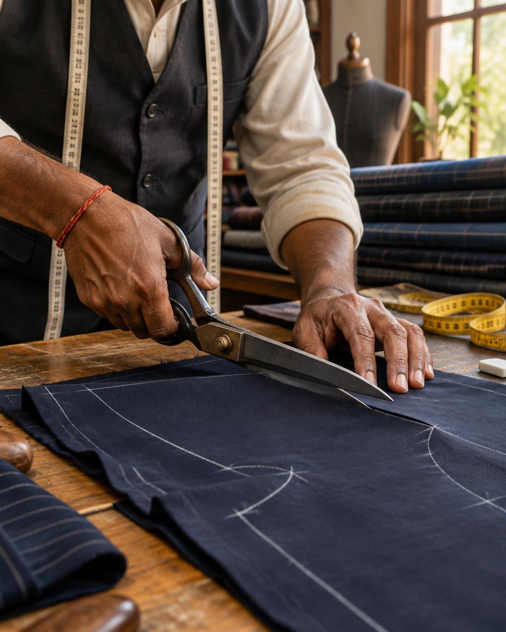 A tailor cutting navy fabric by hand at the Haayathii atelier