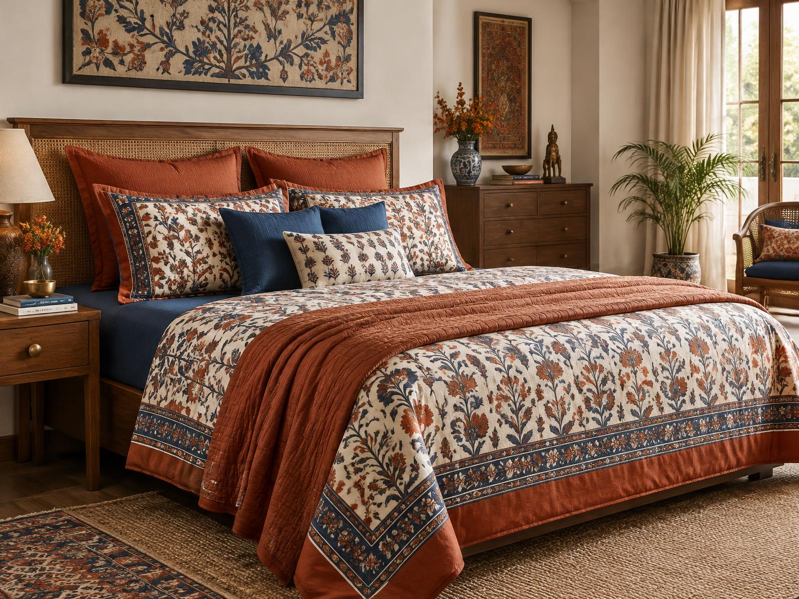 Colourful coordinated bedsheet, pillow and throw arrangement