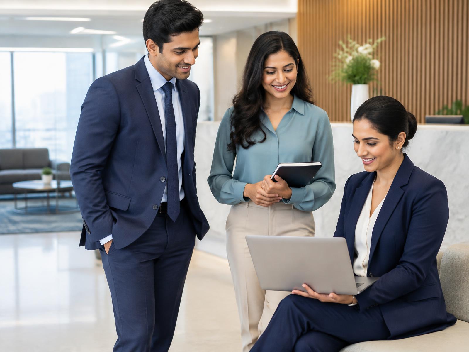 Indian corporate reception team in coordinated professional clothing