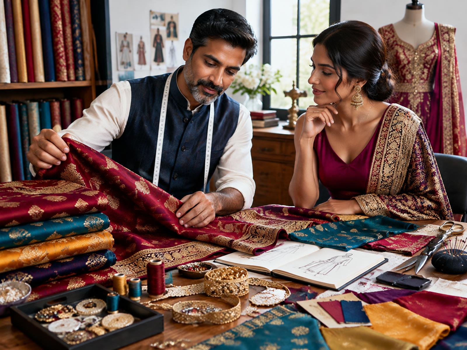 Indian tailor and client choosing colourful fabrics and trims