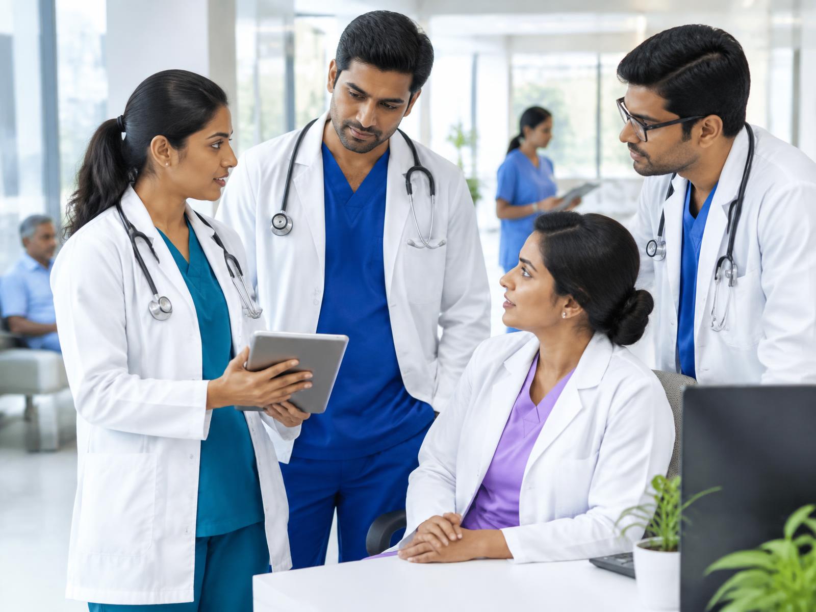 Indian doctors in white coats over colourful clinical uniforms