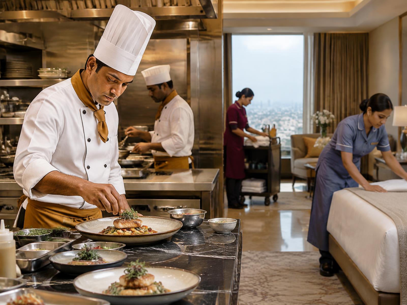 Indian chef and housekeeping professionals in practical uniforms
