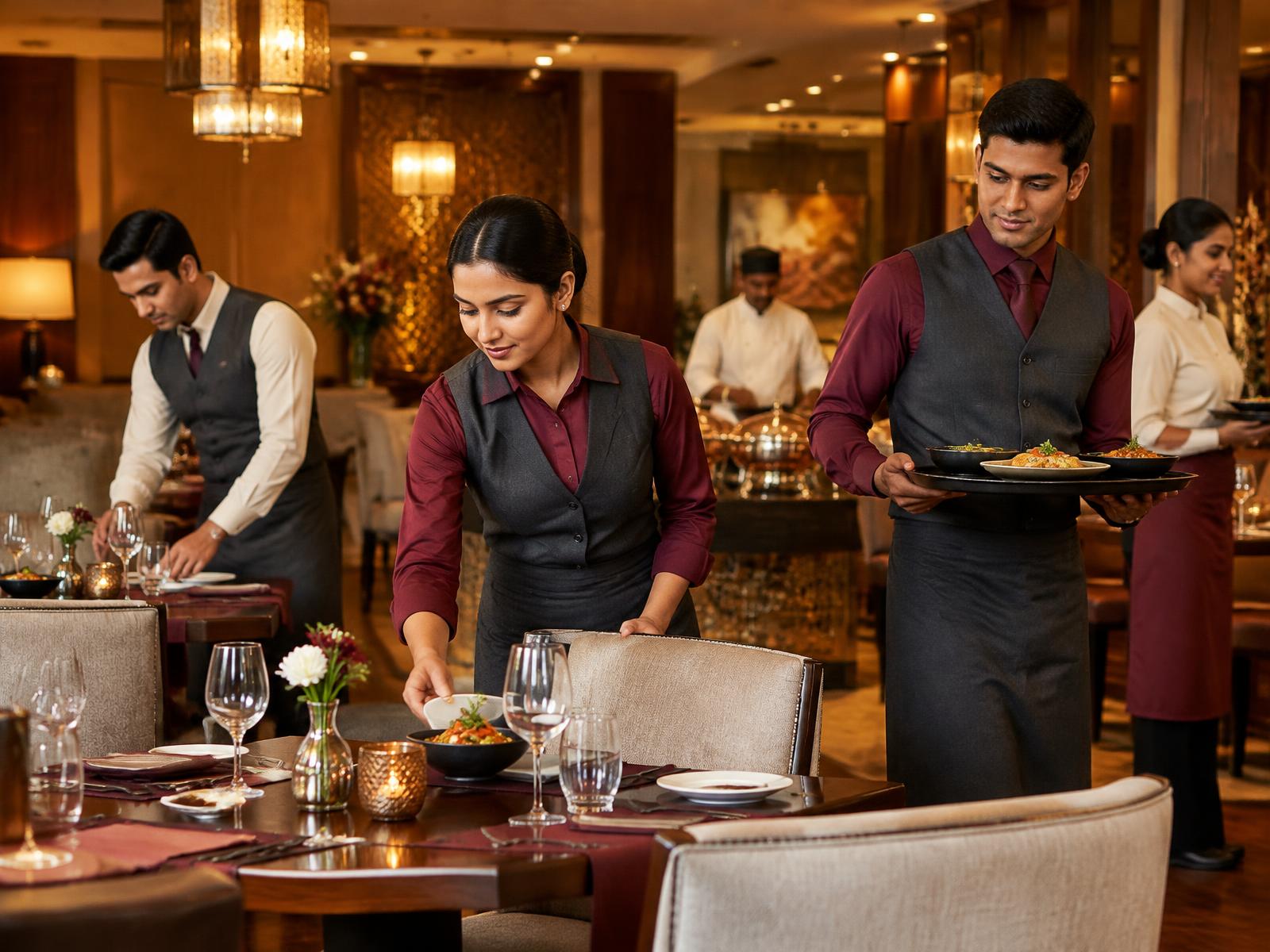 Indian restaurant team in warm coordinated service uniforms