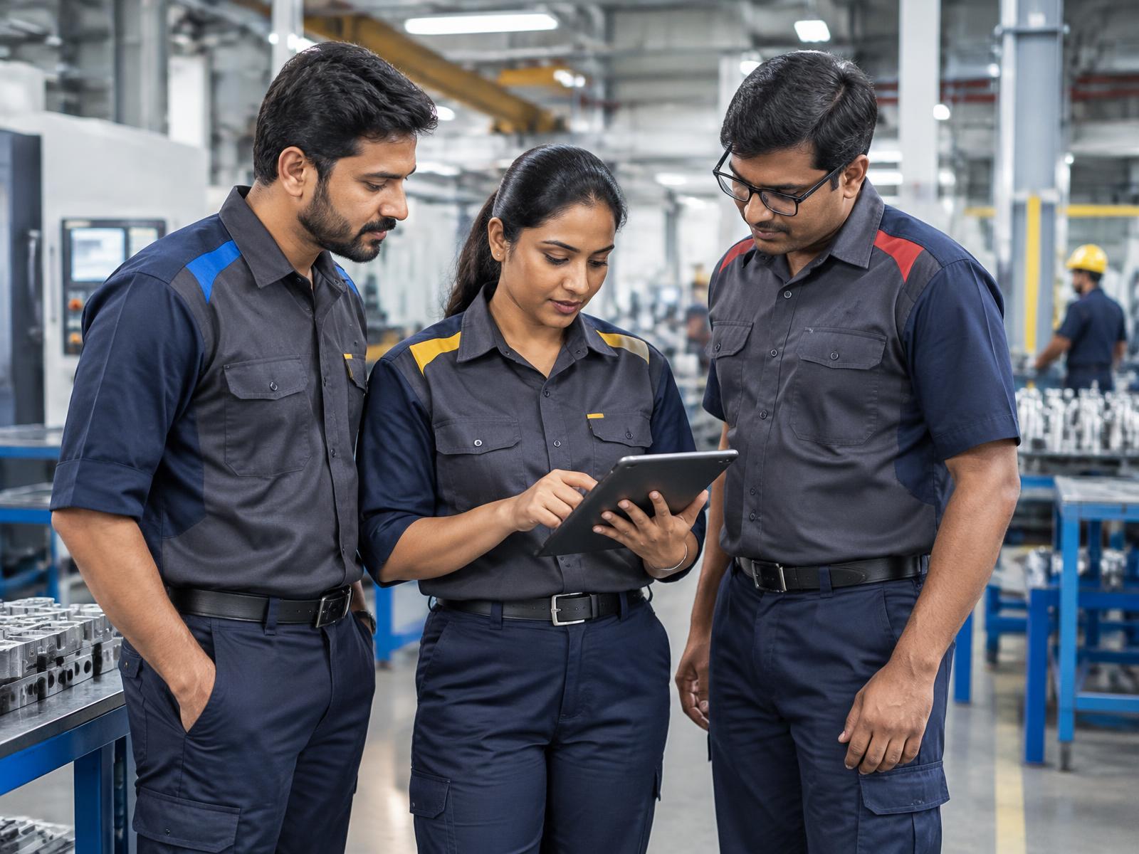 Indian industrial supervisors in coordinated charcoal workwear