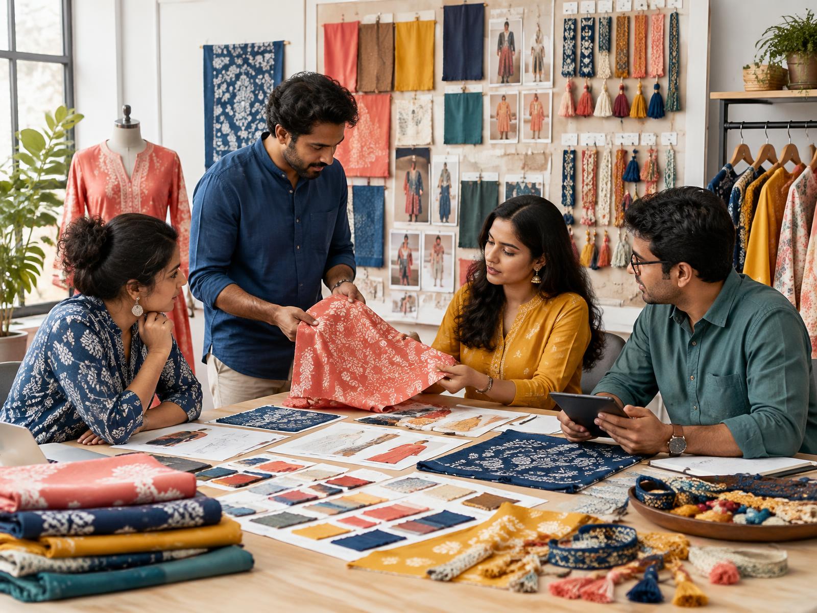 Indian merchandising team reviewing colourful fabrics and garment samples