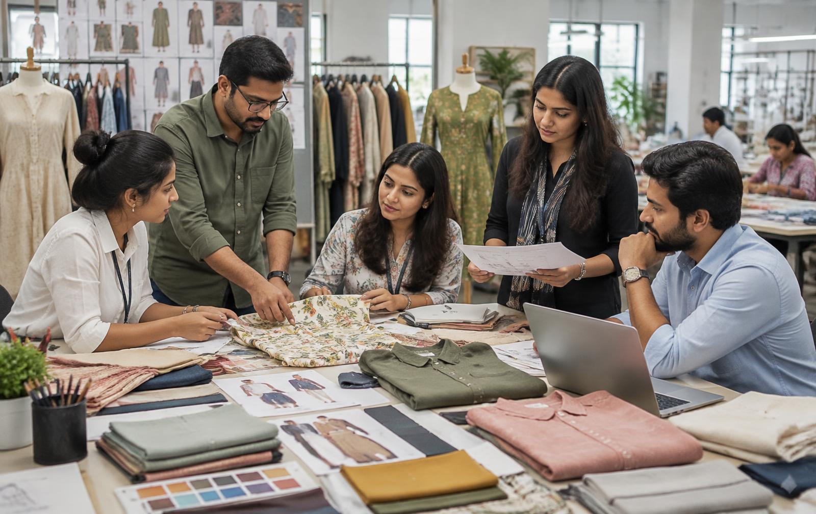 Indian apparel merchandising team reviewing fabrics and garment samples
