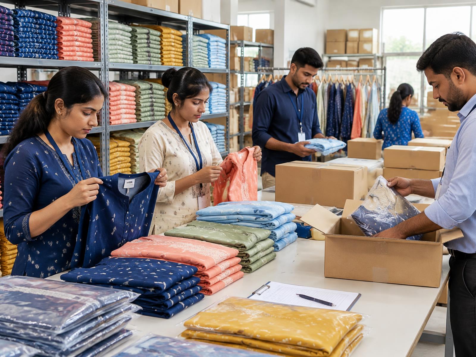 Indian apparel team coordinating a colourful wholesale order